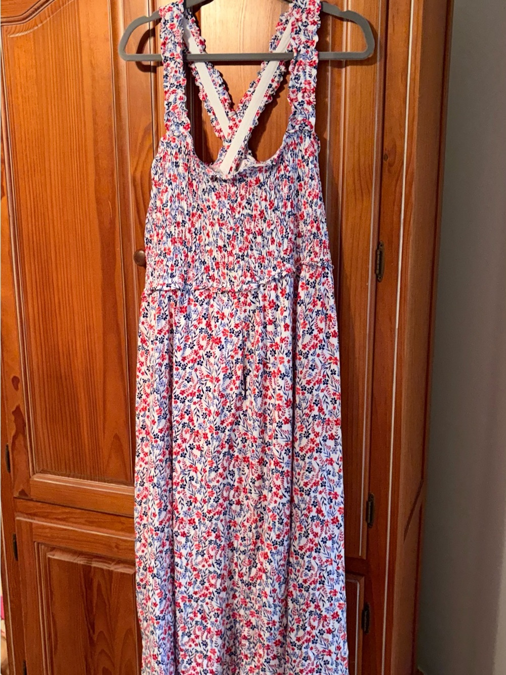 Tommy Hilfiger Red, Blue & White Floral Smocked Maxi Dress